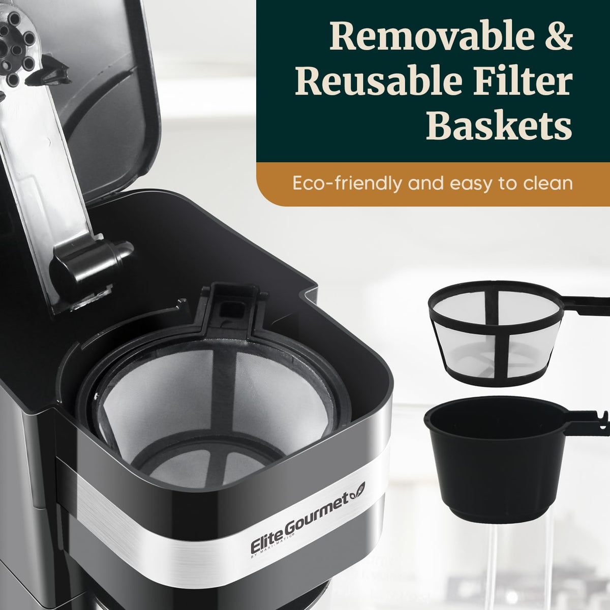 Reusable filter for grounds ready with Elite Gourmet EHC113.