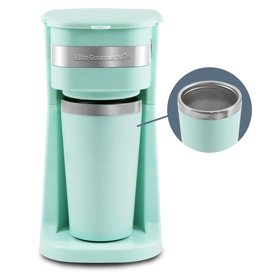 Elite Gourmet EHC113M coffee maker front view, compact on a small counter
