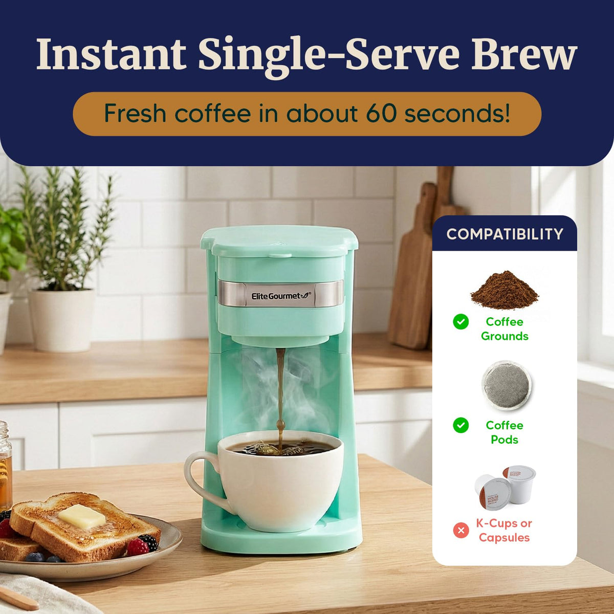 EHC113M mint coffee maker side view highlighting slim profile for dorms