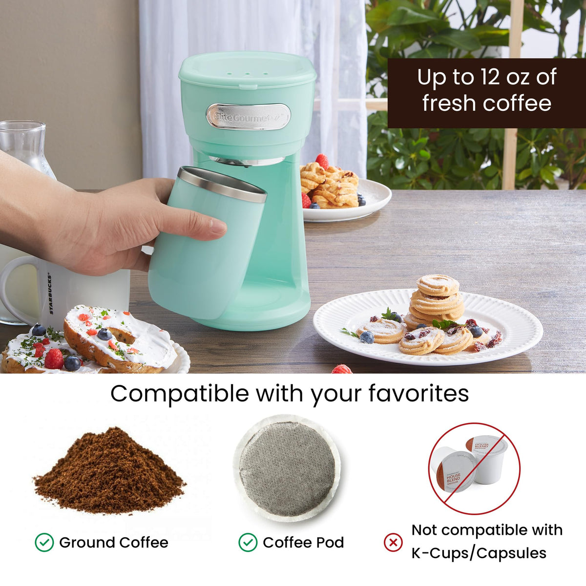 Elite Gourmet EHC242M one-touch operation for quick coffee brewing.