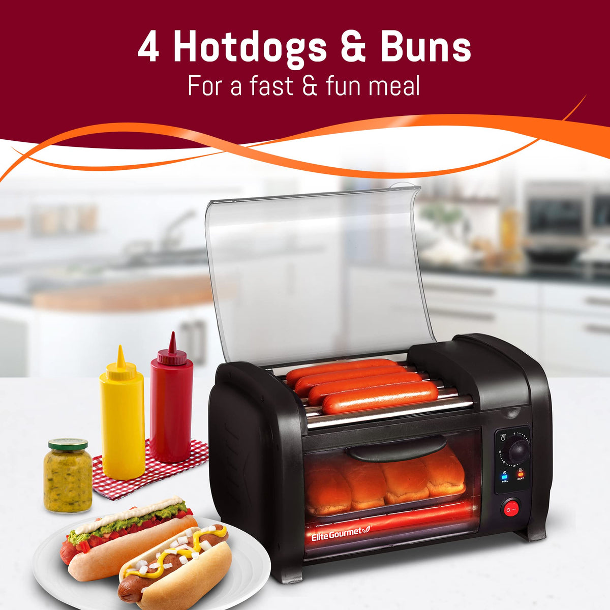 Elite Gourmet EHD-051BX 4-bun capacity fits small gatherings.
