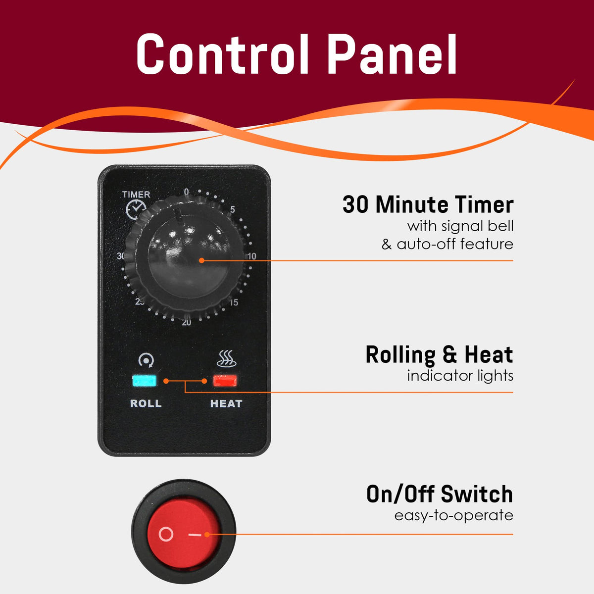 Elite Gourmet EHD-051BX 30-minute timer helps pace grilling and bun warming.