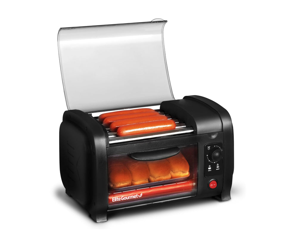 Elite Gourmet EHD-051BX rollers cooking hot dogs evenly for crowd-friendly results.