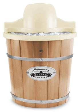 Elite Gourmet EIM-924L pine bucket showing a sturdy wooden tub for ice cream