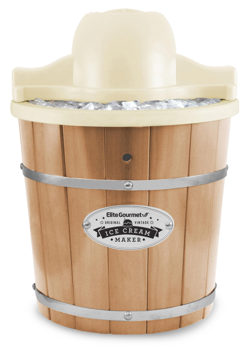 Elite Gourmet EIM-924L pine bucket showing a sturdy wooden tub for ice cream