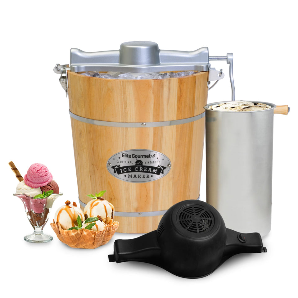 Elite Gourmet EIM402 vintage wood bucket design cooling ice cream with ice and rock salt