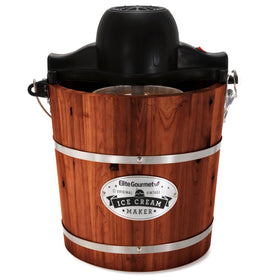 Elite Gourmet EIM418 walnut bucket ready for homemade ice cream churning at home.