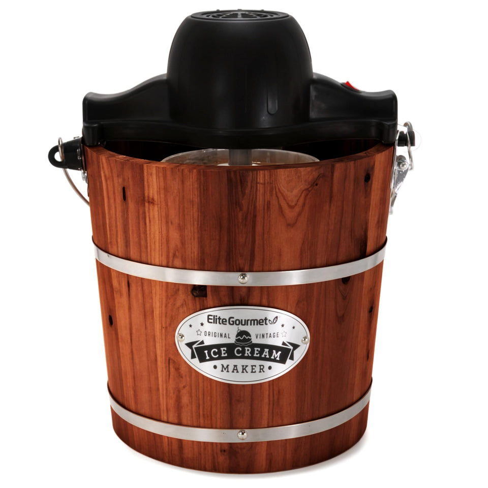 Elite Gourmet EIM418 walnut bucket ready for homemade ice cream churning at home.
