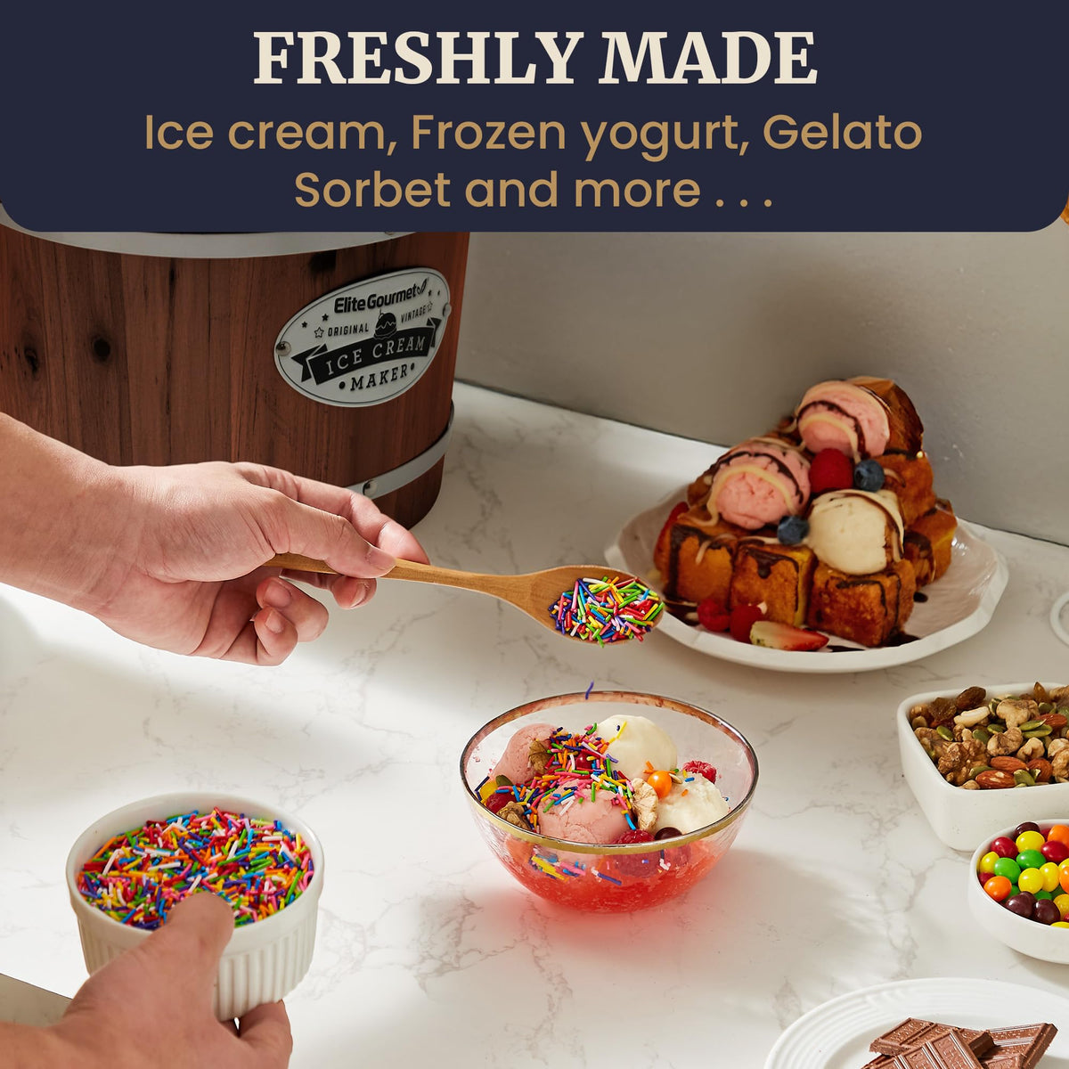 Elite Gourmet EIM949 ice and rock salt setup maintains ideal freezing temperature