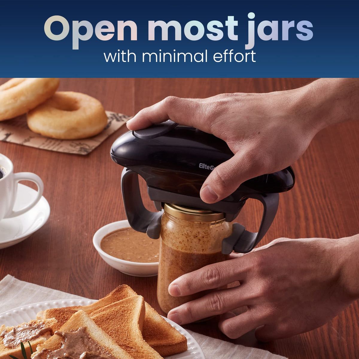 Elite Gourmet EJO800 demonstrates high power torque to remove tight jar lids safely.