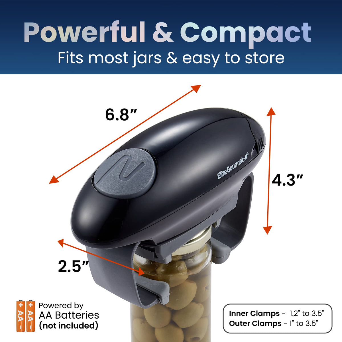 Elite Gourmet EJO800 uses 2 AA batteries for portable, cordless operation.