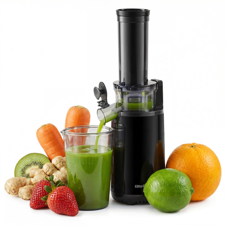 Elite Gourmet EJX600 compact juicer unit demonstrated in a small kitchen, space saving.
