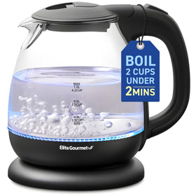 Elite Gourmet EKT1001B glass kettle with blue LED interior for quick hot water.