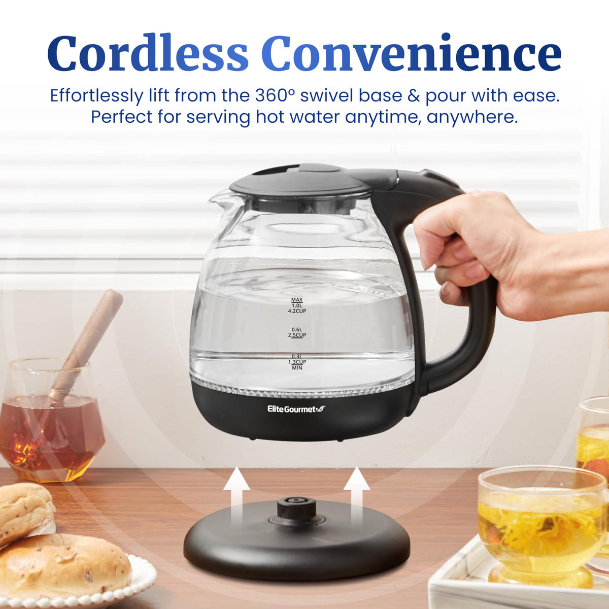 Elite Gourmet EKT1001B one-liter capacity for multiple servings.