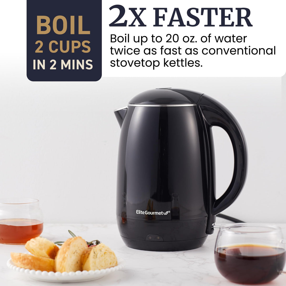 Elite Gourmet EKT1821 360-degree swivel base for cordless serving.