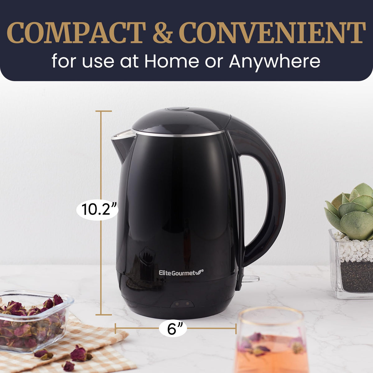 Elite Gourmet EKT1821 auto shut-off and boil-dry protection for safety.