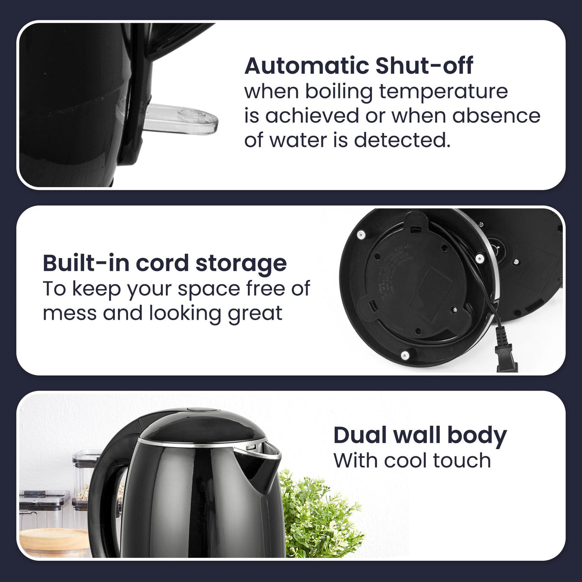 Elite Gourmet EKT1821 cord wrap design keeps counters tidy.