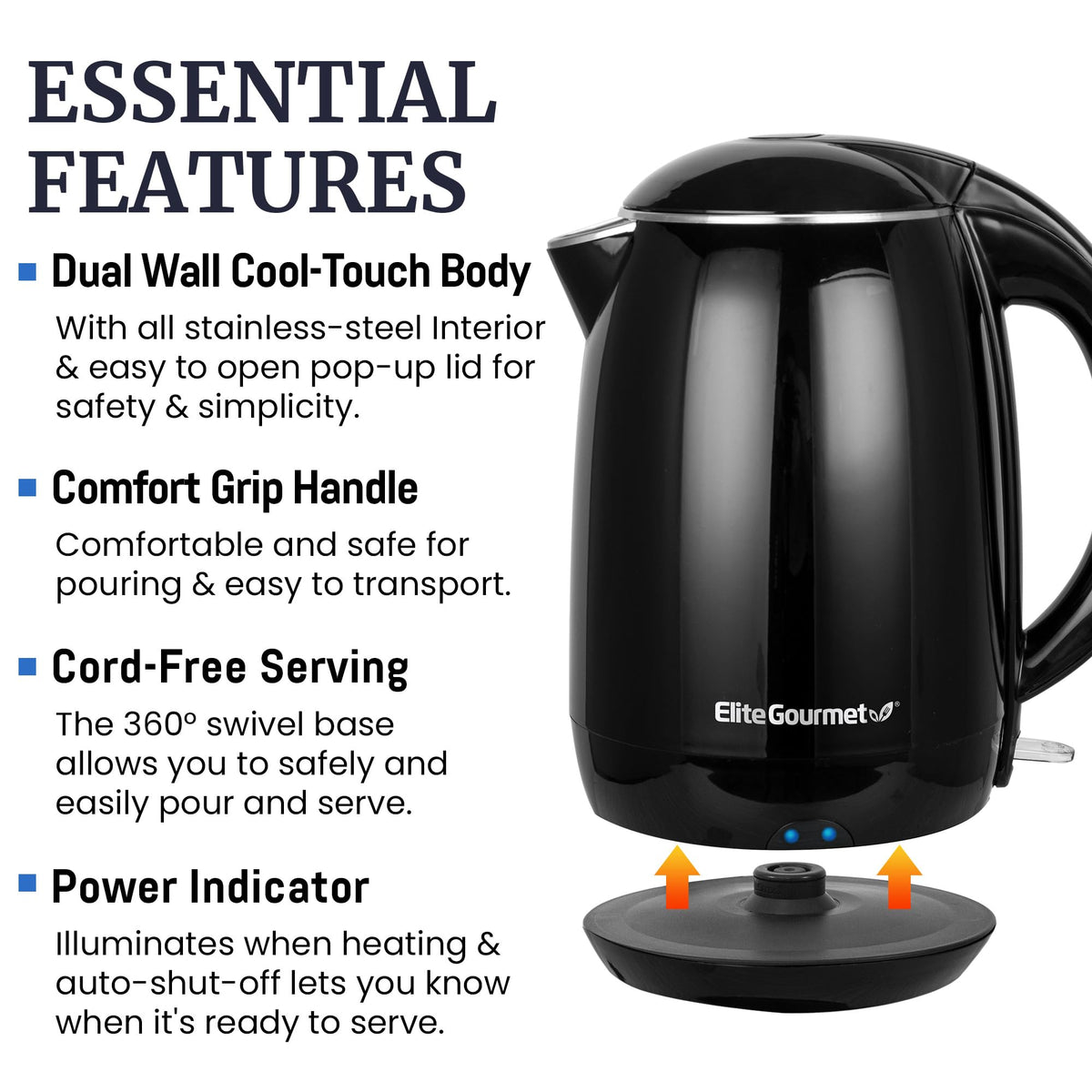 Elite Gourmet EKT1821 pour-spout with filter for precise pours.