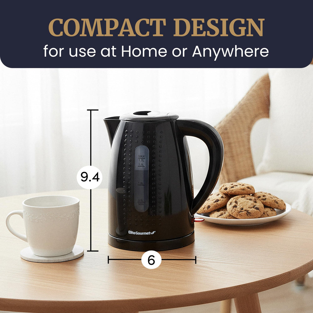 Elite Gourmet EKT5051 mesh filter reduces spills during pouring.
