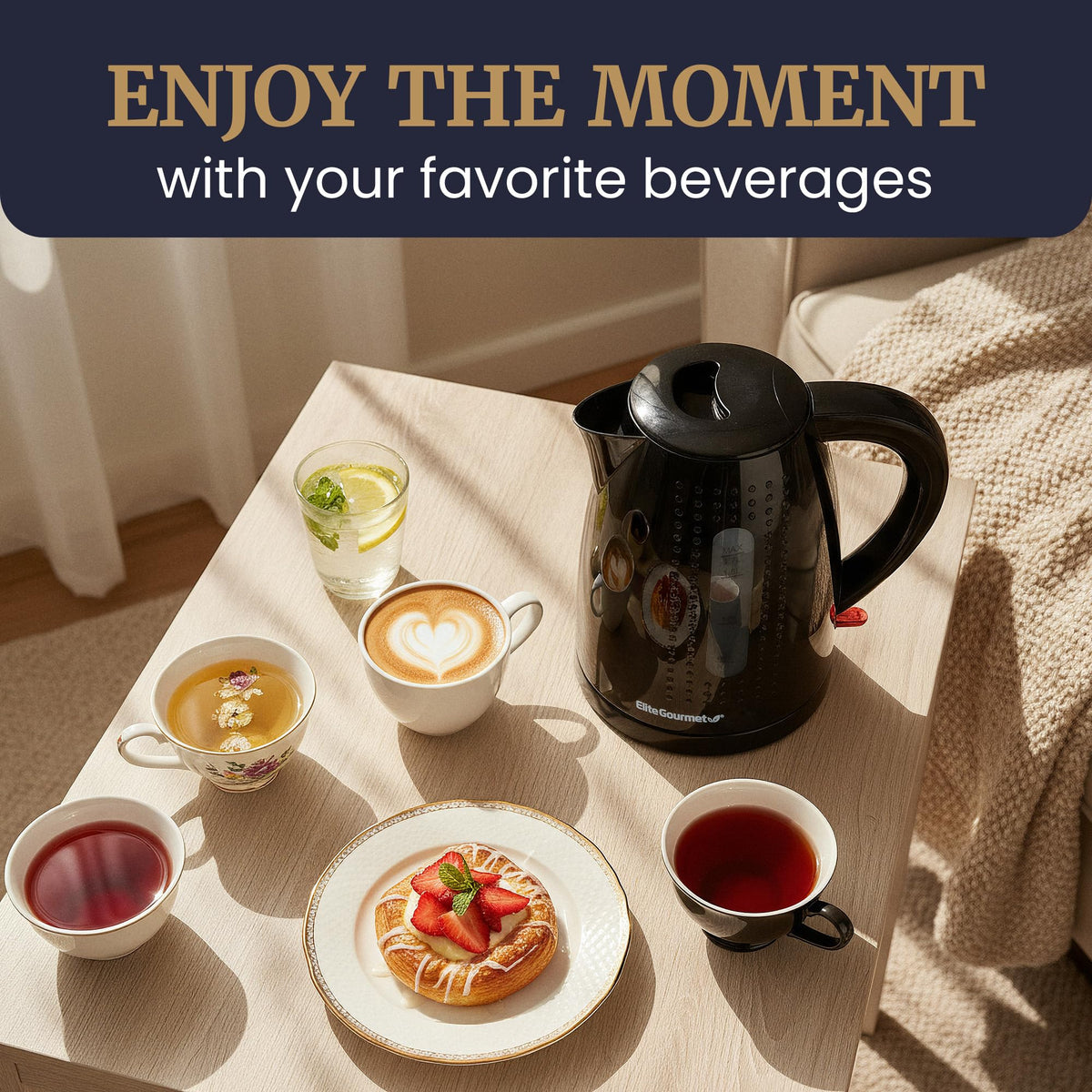 Elite Gourmet EKT5051 360-degree swivel base enables cordless serving.