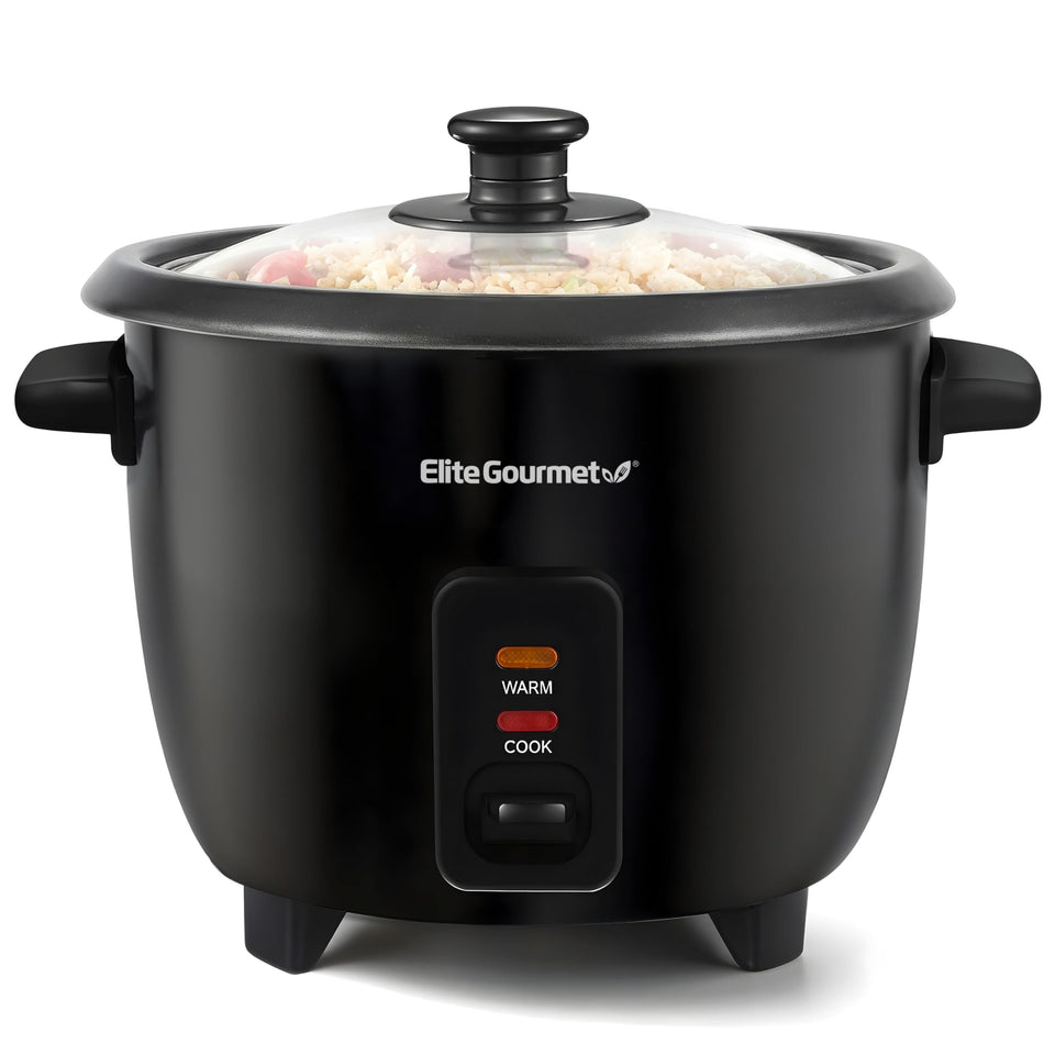 Elite Gourmet electric rice cooker with steam tray for multitask cooking.