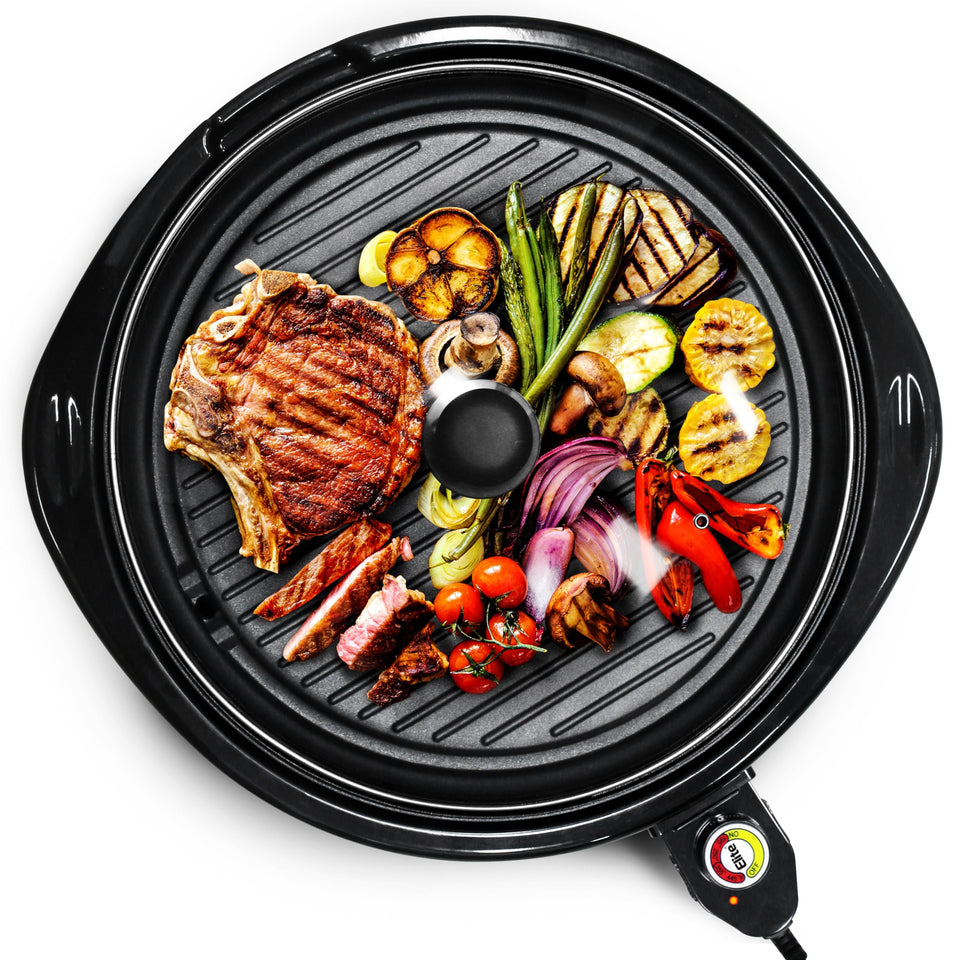 Elite Gourmet EMG-980BX grill surface with roomy 14-inch area for family meals and quick batches