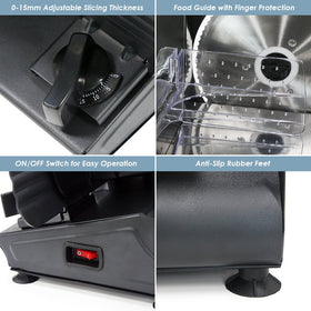 Elite Gourmet EMT-625B shows adjustable thickness for razor-thin to half-inch slices.