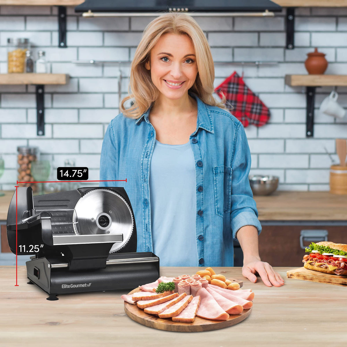 Elite Gourmet EMT-625B compact slicer with non-slip feet for steady operation.