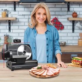Elite Gourmet EMT-625B compact slicer with non-slip feet for steady operation.