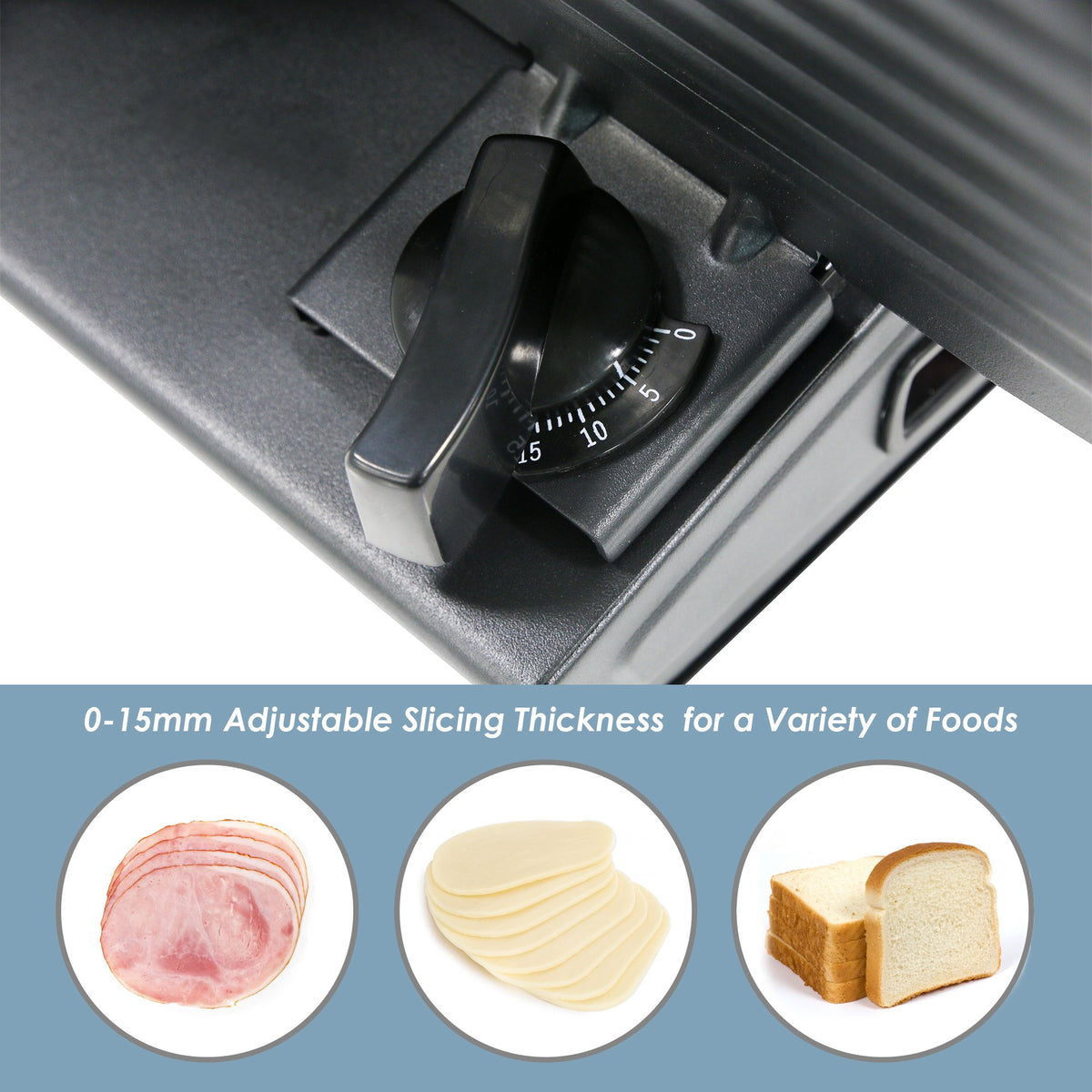 Elite Gourmet EMT-625B with removable blade for easy cleaning after slicing.