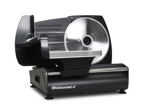 Elite Gourmet EMT-625B slicer on kitchen counter showing precision cutting for thin deli slices.