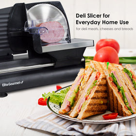 Elite Gourmet EMT-625B versatile slicing for cheese, meat, and vegetables.