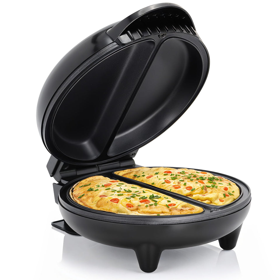 Elite Gourmet EOM205 angled top view showing dual-portion design for quick breakfasts