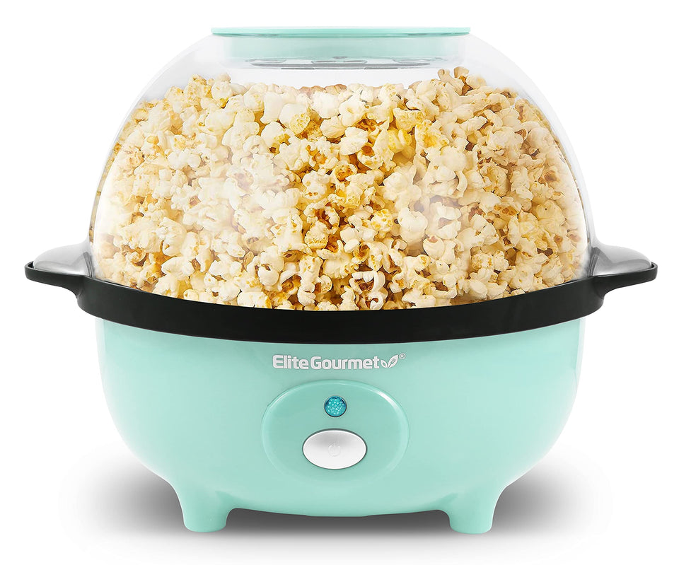 Elite Gourmet EPM330M popcorn machine front view for quick at-home movie night snacking.