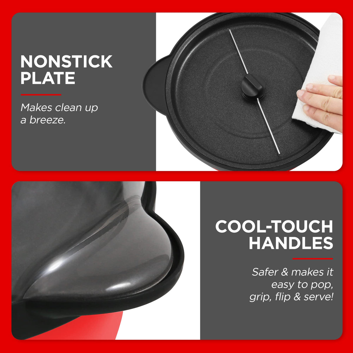 Elite Gourmet EPM330R ceramic nonstick surface eases cleaning after use.