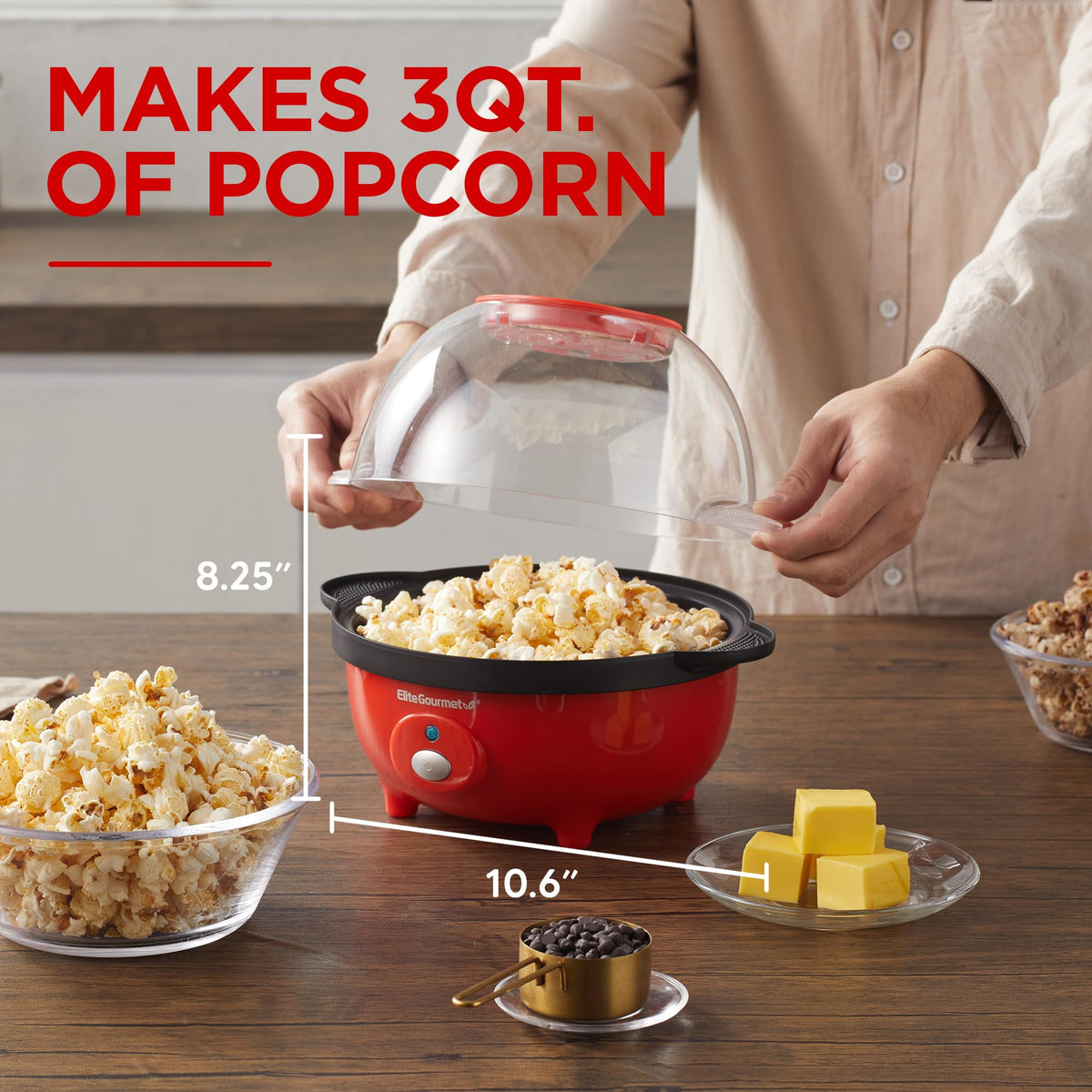 Elite Gourmet EPM330R electric stirring ensures even popping results.