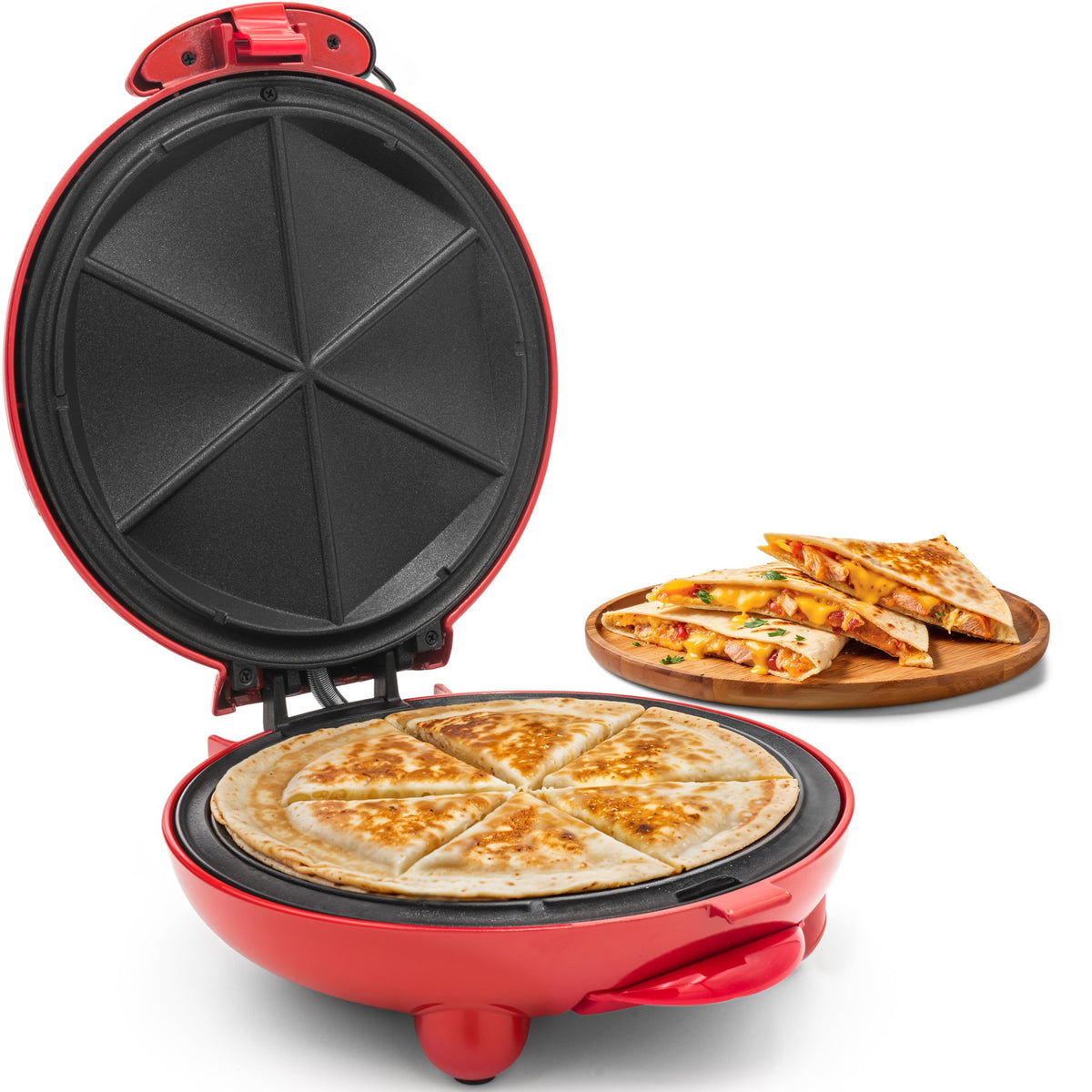 Elite Gourmet EQD-413 Quesadilla Maker on clean counter with 8-inch surface ready for six wedges