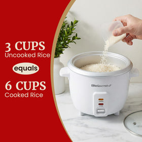 Elite Gourmet ERC-003X capacity shows 3 cups raw to 6 cups cooked