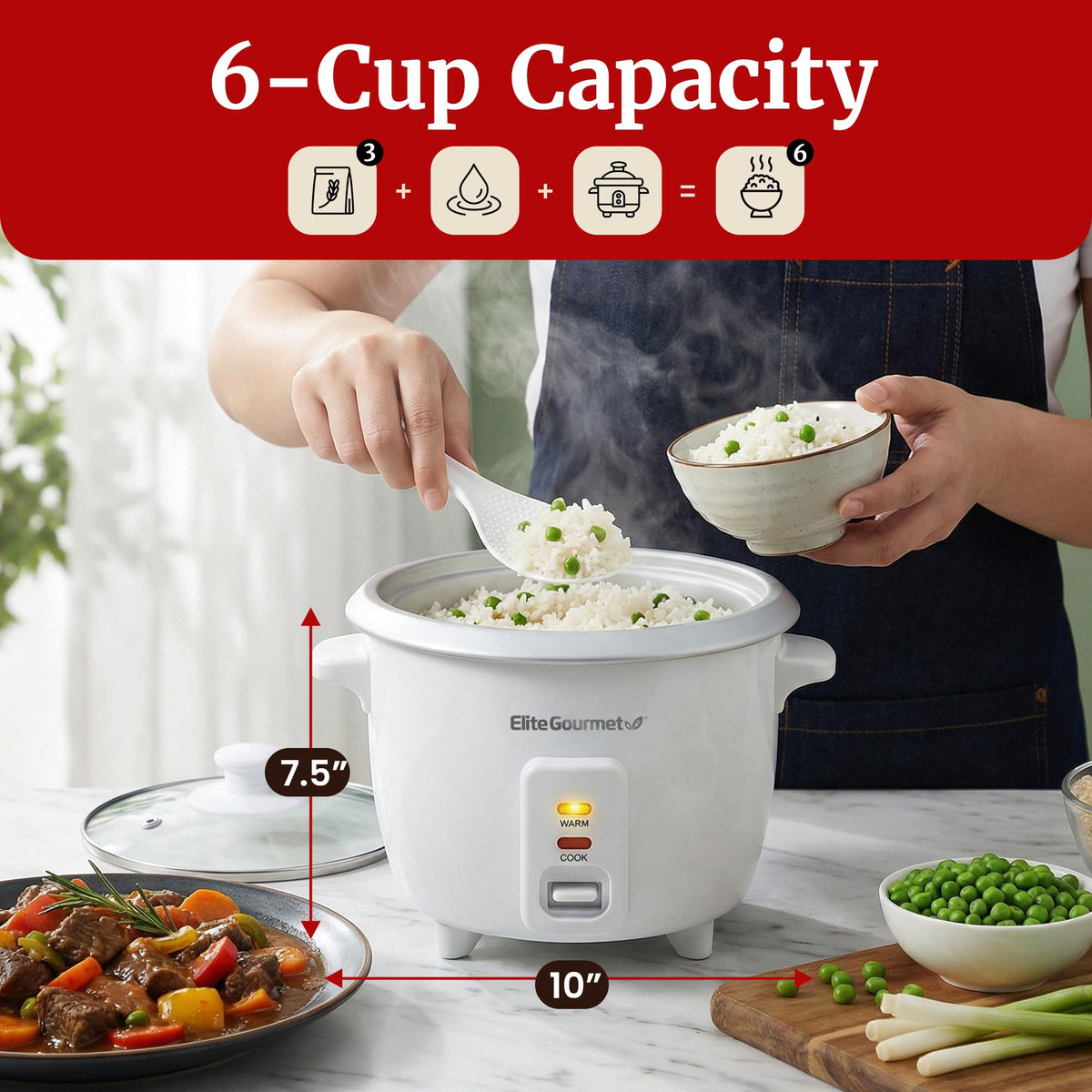 Elite Gourmet ERC-003X cooked rice in a fluffy bowl ready to serve