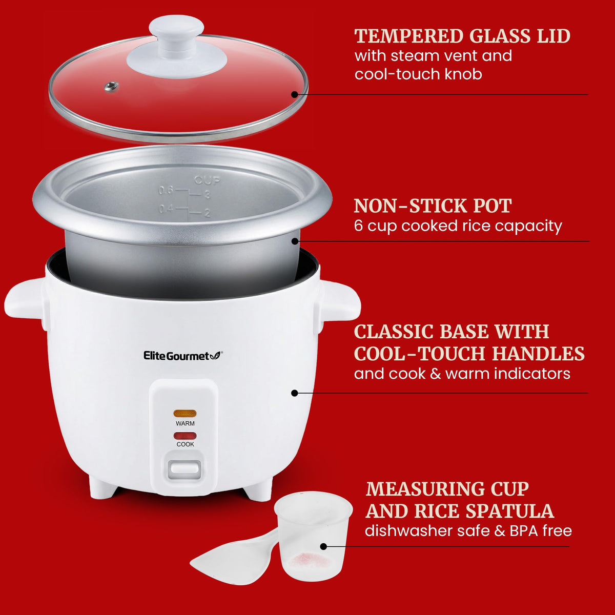 Elite Gourmet ERC-003X measuring cup and spatula included for precise portions