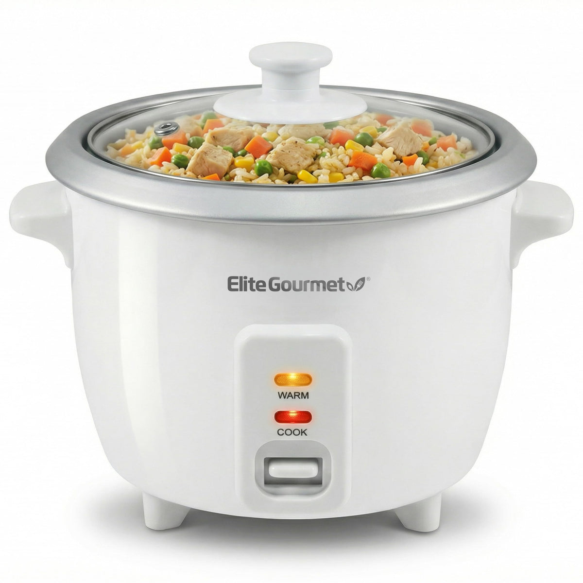 Elite Gourmet ERC-003X rice cooker on counter, compact white design for easy kitchen storage