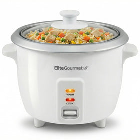 Elite Gourmet ERC-003X rice cooker on counter, compact white design for easy kitchen storage