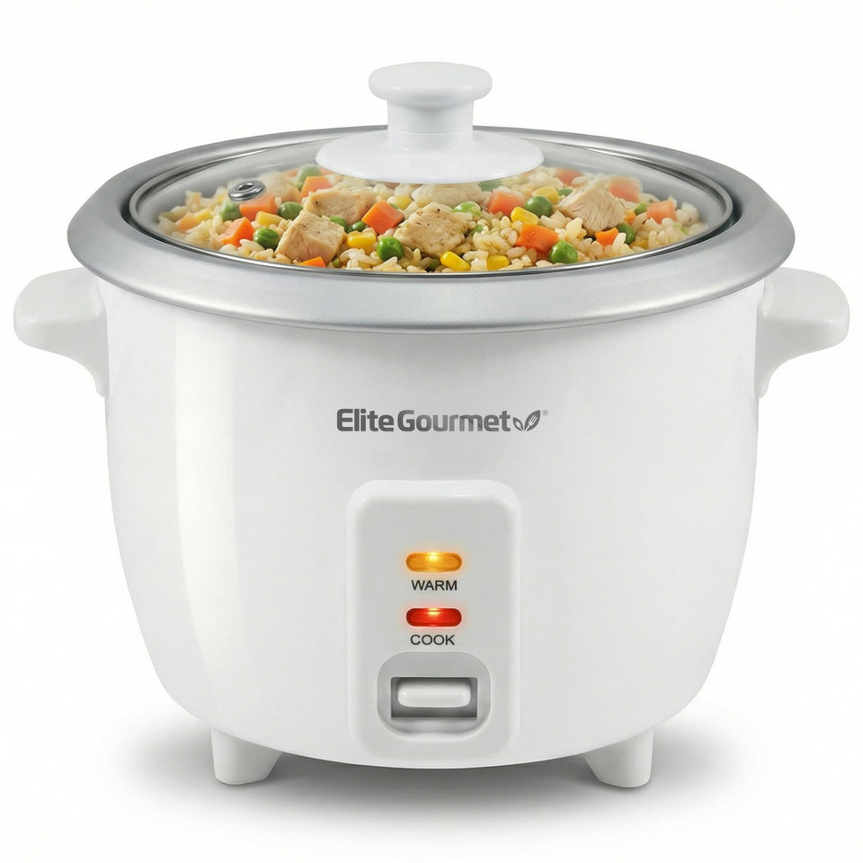 Elite Gourmet ERC-003X rice cooker on counter, compact white design for easy kitchen storage