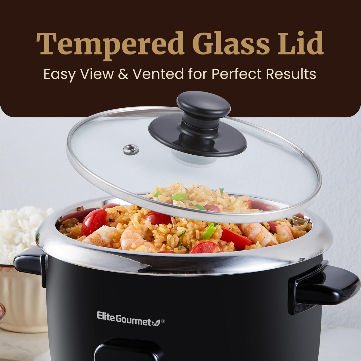 Elite Gourmet ERC006SS keep-warm function in action, rice stays fresh for hours.