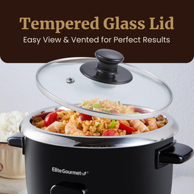 Elite Gourmet ERC006SS keep-warm function in action, rice stays fresh for hours.