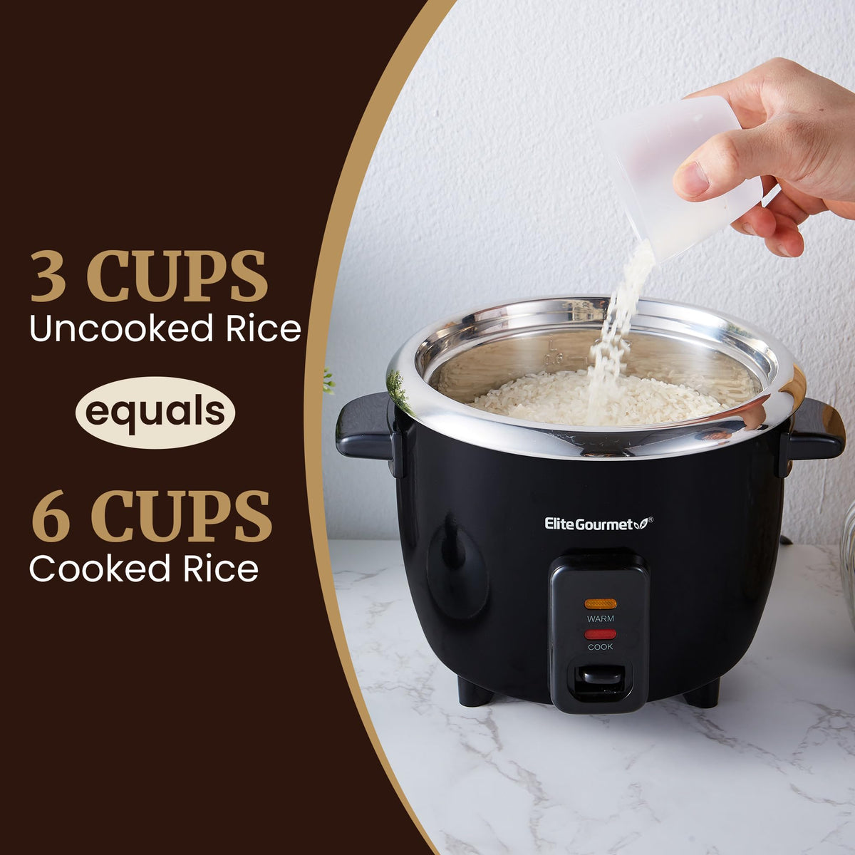Elite Gourmet ERC006SS six-cups rice capacity, perfect for family meals.