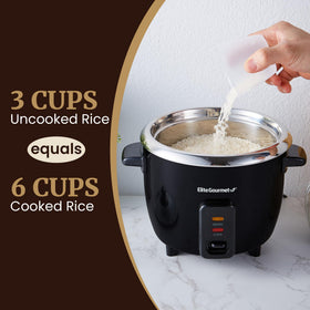 Elite Gourmet ERC006SS six-cups rice capacity, perfect for family meals.