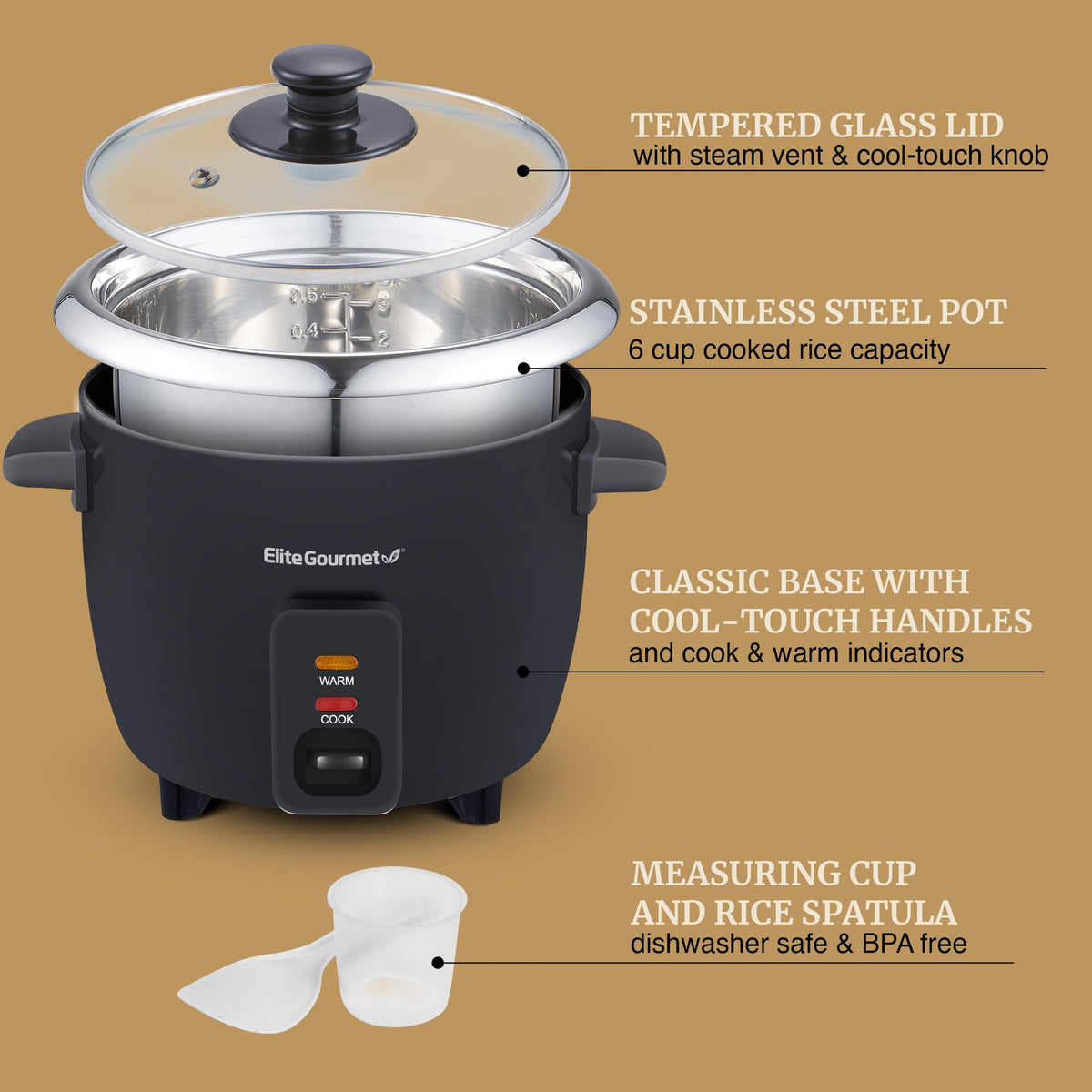Elite Gourmet ERC006SS stainless steel inner pot, removable for easy serving and cleaning.
