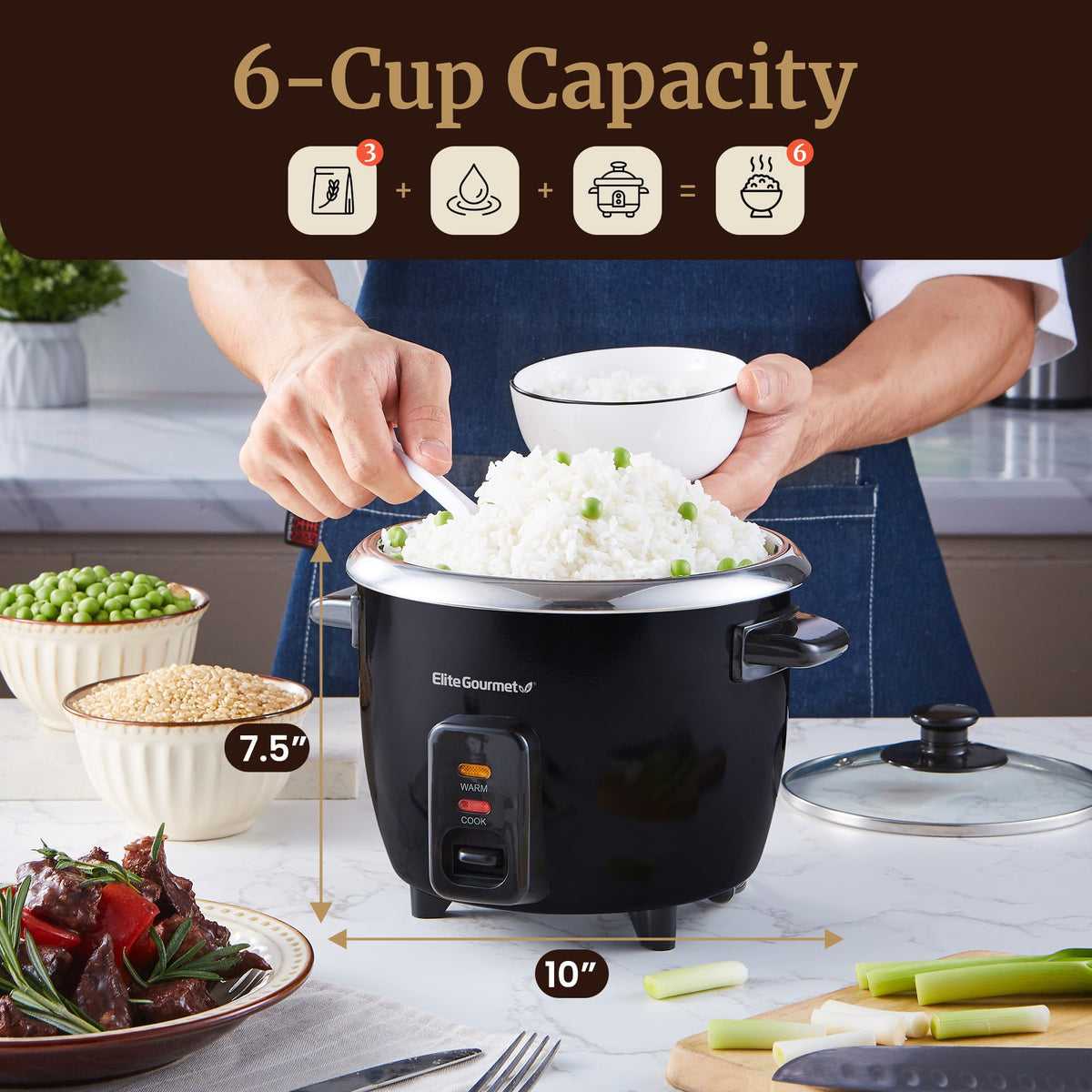 Elite Gourmet ERC006SS steam function supports vegetables and quinoa.