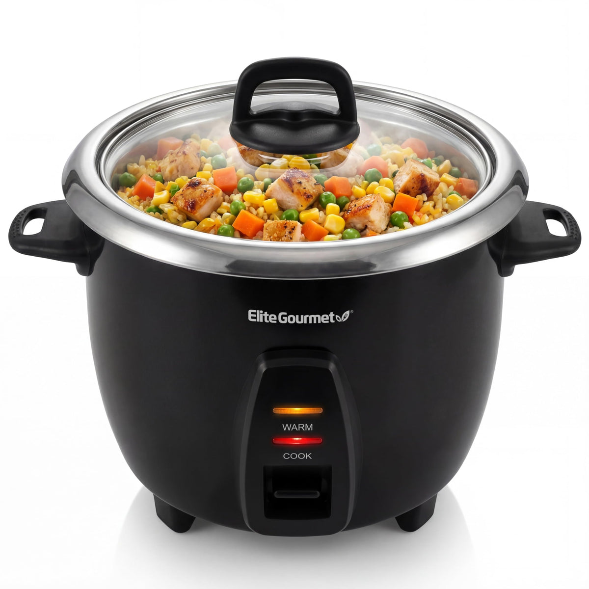 Elite Gourmet ERC2010B rice cooker front view with large family-size capacity